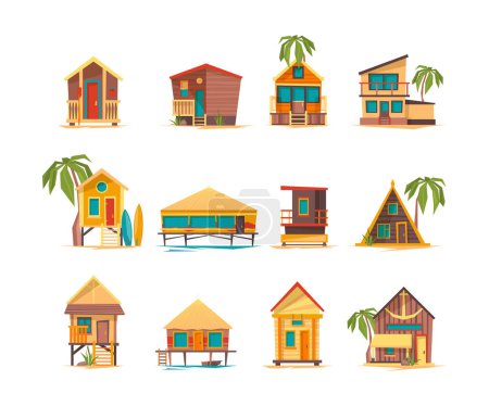 Illustration for Beach houses. Funny buildings for summer vacation tropical bungalow cabins and constructions vector. Summer vacation bungalow, tourism building on sea coast illustration - Royalty Free Image