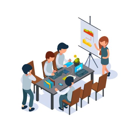 Illustration for Business coaching. Conference hall person speak and pointing at flip chart managers 3d sitting at table vector isometric. Illustration of isometric conference, meeting and training - Royalty Free Image