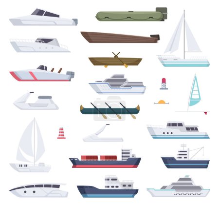 Ilustración de Barcos. Mar de agua o barco oceánico barcos pequeños y grandes y barcos marineros vector de transporte de dibujos animados. Barco de vapor y kayak, viajes en yate, ilustración de lancha rápida de transporte - Imagen libre de derechos