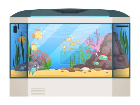 Téléchargez les illustrations : Grand aquarium. Poissons et plantes aquatiques dans un aquarium en verre illustration vectorielle de la vie sous-marine dessin animé. aquarium avec poisson doré, aquarium exotique coloré - en licence libre de droit