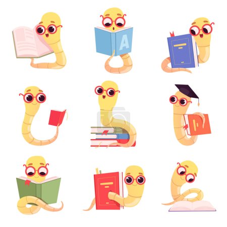 Illustration for Bookworm characters. Worms kids reading books school little baby animal in library vector collection. Illustration of bookworm with books, earthworm education - Royalty Free Image