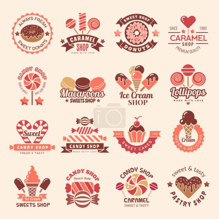 Téléchargez les illustrations : Des badges de confiserie. Bonbons cupcakes cookie sucette symbole pour la collection de logos vectoriels de confiserie. Illustration de bonbons de magasin, sucette à dessert - en licence libre de droit
