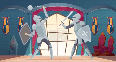 Castle interior. Medieval royals room with knight fighters vector castle in cartoon style. Illustration of warrior knight, medieval fighter in castle
