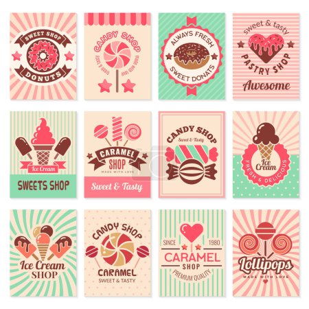 Illustration for Candy shop cards. Sweet food desserts confectionary symbols for restaurant menu vector flyer collection. Confectionery banner shop, candy dessert, sweet caramel illustration - Royalty Free Image