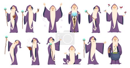 Illustration for Wizard. Mysterious male magician in robe spelling oldster merlin vector cartoon characters. Sorcerer character in costume, spell magician, witchcraft and magical illustration - Royalty Free Image