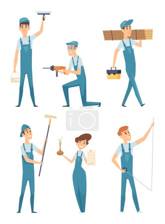 Illustration for Worker characters. Professional people builders constructors factory workers home repair mascot vector illustrations. Builder construction worker, man engineer - Royalty Free Image
