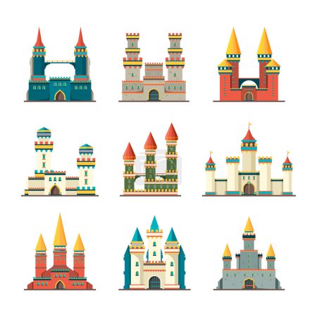 Illustration for Castles medieval. Fairytale dome palace with big towers vector pictures of medieval constructions in flat style. Castle stone tower, palace medieval building illustration - Royalty Free Image