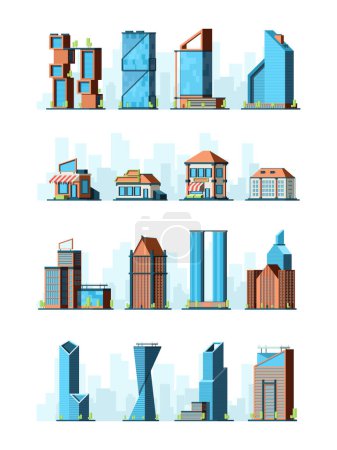 Illustration for City buildings. Skyscraper street houses groceries village constructions vector 2d low poly game buildings. Illustration of building construction, modern office architectural - Royalty Free Image