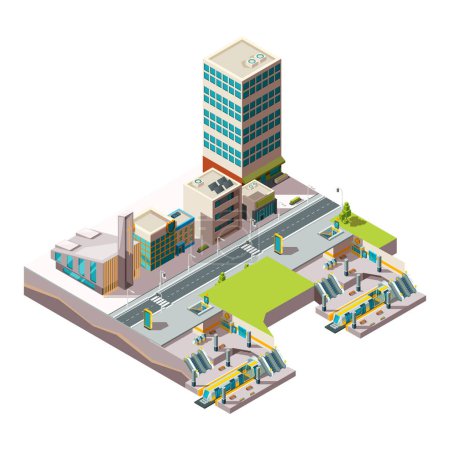 Illustration for City subway. Urban landscape infrastructure with buildings and cross section railway metro vector low poly isometric. Railway train isometric, public subway illustration - Royalty Free Image
