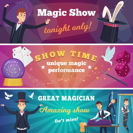 Illustration for Circus party banners. Magic show with wizard characters circus tricks vector cartoons background. Announcement circus show, magician poster illustration - Royalty Free Image