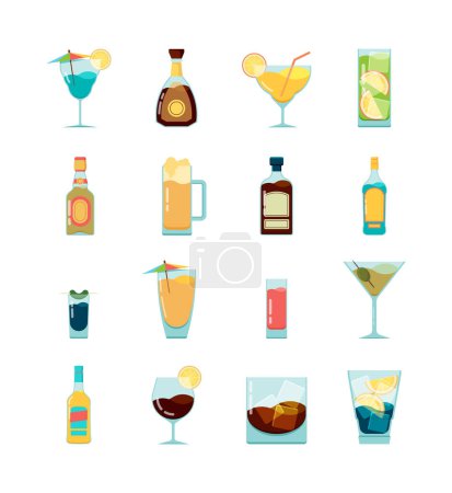 Téléchargez les illustrations : Icône alcoolique cocktail. Martini vodka et différentes boissons alcoolisées d'été vecteur images plates. Illustration de martini et gin, boisson liquide alcoolisée, brandy et bière - en licence libre de droit
