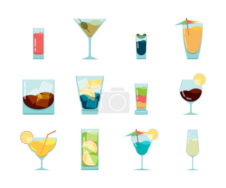 Illustration for Cocktails flat icon. Alcoholic summer party drinks in glasses cuba libre cosmopolitan vodka mojito vector icon collection isolated on white - Royalty Free Image