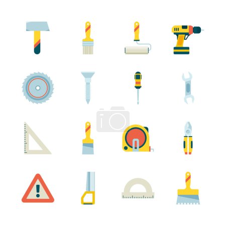 Illustration for Construction icon. Building industry equipment crane roulette paint saw hammer vector flat pictures collection. Illustration of tool screwdriver and wrench, roulette and hammer - Royalty Free Image