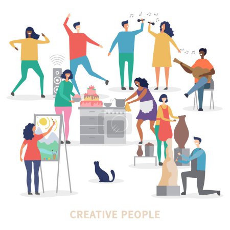 Illustration for Creative people characters of group vector background. Profession artist and sculptor making statue illustration - Royalty Free Image