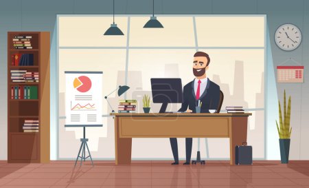 Illustration for Director office. Interior businessman sitting at the table vector office cartoon picture. Office desk, manager room, interior, of director cabinet illustration - Royalty Free Image