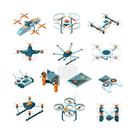 Illustration for Drones. Aircraft innovation aerial technique vector aviation pictures isometric. Innovation drone control, remote equipment flight illustration - Royalty Free Image