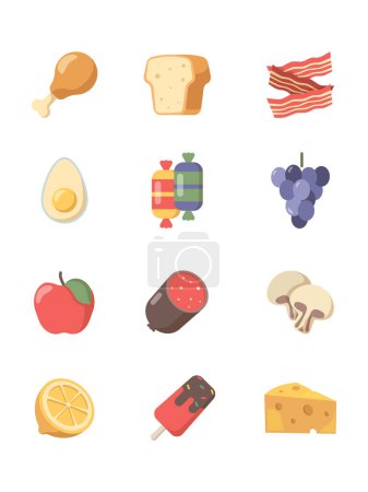 Illustration for Food icon. Coffee meat cakes pizza eggs and steak and other vector symbols of food in flat style. Illustration of icecream and egg, apple and bread - Royalty Free Image