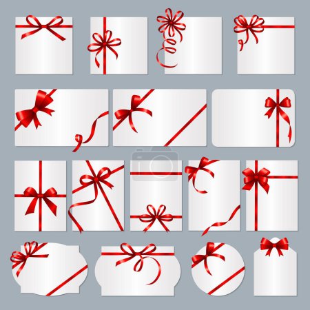 Téléchargez les illustrations : Cadeaux. Rubans rouges bannières cadeaux avec place pour la collection vectorielle de texte. Coffret cadeau avec arc rouge, forme et illustration de forme - en licence libre de droit