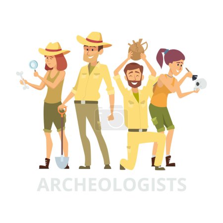 Illustration for Group of archeologists isolated on white background. Vector archaelogists characters illustration. Archeology and ancient things and skull - Royalty Free Image