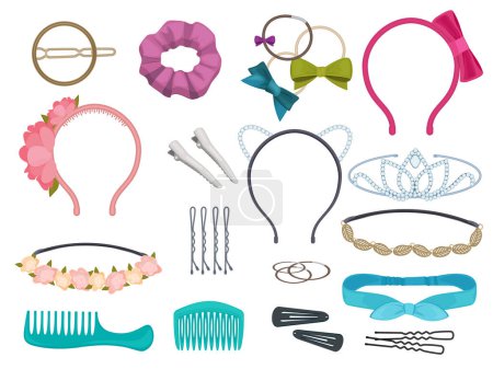 Illustration for Hair accessories. Woman hair items stylist salon flowers elastic bands bows hoops vector cartoon illustrations. Illustration of hair accessories, accessory for care and clip hairnine, - Royalty Free Image