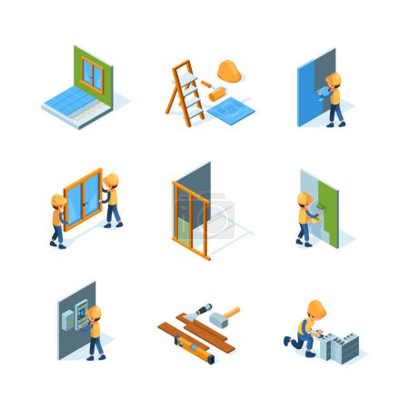 Illustration for Home renovation. Worker installation new floor and walls painting flooring construct instruments vector isometric illustrations. Renovation and repair indoor interior, painting and improvement - Royalty Free Image