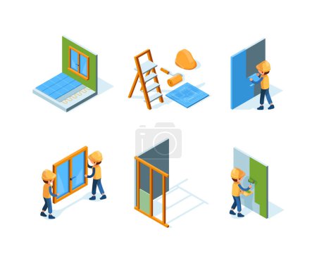 Illustration for Home repair. Wall installation equipment paint workers building constructions renovation house vector isometric. Worker repair wall or paint illustration - Royalty Free Image