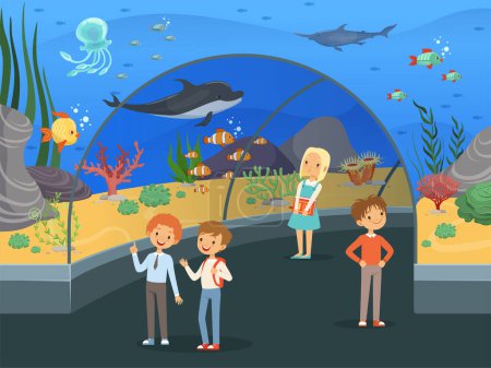 Téléchargez les illustrations : Des enfants en aquarium. Promenade familiale à travers le musée sous-marin avec des poissons et des algues grand aquarium réservoir fond vecteur. Aquarium sous-marin, poissons de mer en verre d'océanarium illustration - en licence libre de droit