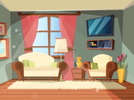Illustration for Luxury room. Premium interior of living room with perfect old wooden furniture lounge place vector cartoon illustrations. Livingroom with furniture, lounge room comfort - Royalty Free Image