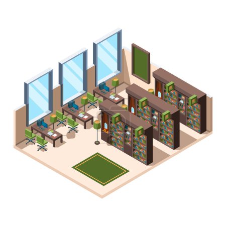 Illustration for Library interior. University school room with bookshelves librarian campus vector isometric building. Library interior, furniture 3d bookshelf, university or school illustration - Royalty Free Image