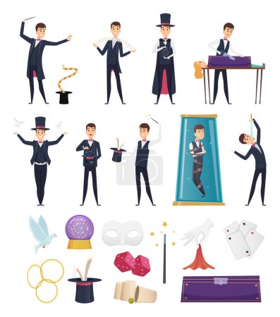 Illustration for Magician. Show performer in costume and items cards rabbit in hat magic handkerchiefs wand cards steel deck vector cartoons. Showman illusionist, magician performing show, performer illustration - Royalty Free Image