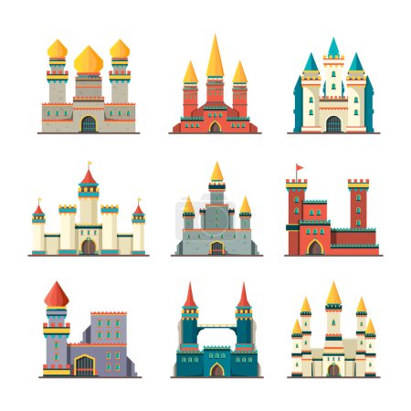 Illustration for Medieval castles. Palace tower fairytale constructions cartoon vector buildings flat castles pictures. Illustration of castle building set, fairytale construction - Royalty Free Image