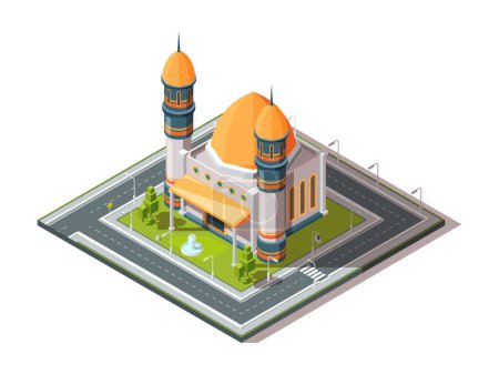 Illustration for Mosque in city. Islamic muslim religion architectural object in urban landscape vector isometric. Mosque 3d, islam religion illustration - Royalty Free Image