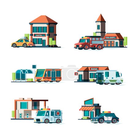 Illustration for Municipal buildings. City cars near facade of buildings fire station post office police bank public vector illustrations. Fire station, construction hospital - Royalty Free Image