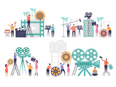 Illustration for Movie production concept. Flat characters making films video camera clapboard filming person vector colored backgrounds. Production video and movie, film making entertainment illustration - Royalty Free Image