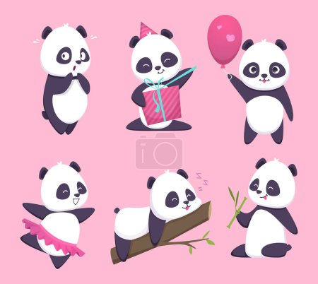 Téléchargez les illustrations : Panda ! Ours personnage animal drôle mignon dans la collection de dessins animés vectoriels forestiers. Illustration du panda animal, heureuse émotion souriante - en licence libre de droit