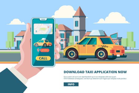 Illustration for Order taxi. Smartphone in hand online press order button urban mobility taxi near buildings vector concept picture. Illustration of taxi urban service online, app for order car - Royalty Free Image