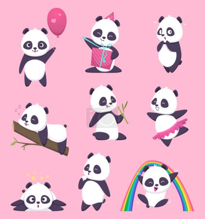 Illustration for Panda kids. Little funny bear sweet animals in action poses vector cartoon characters. Animal panda happy, emotion and pose, eat and act illustration - Royalty Free Image