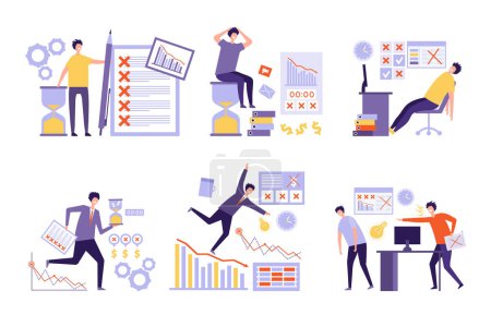 Illustration for Plan fails. Over much tasks bad management non organized business people overtime work schedule vector concept. Business failure work, management planning fail illustration - Royalty Free Image