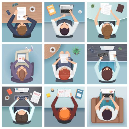 Illustration for People top view. Meeting business characters desk working space vector people top view. Top view workplace, man or woman with laptop, meeting corporate worker illustration - Royalty Free Image