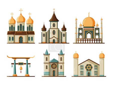 Illustration for Religion buildings flat. Lutheran and christian church muslim mosque architectural traditional buildings. Church and mosque building, architecture religion temple and cathedral illustration - Royalty Free Image