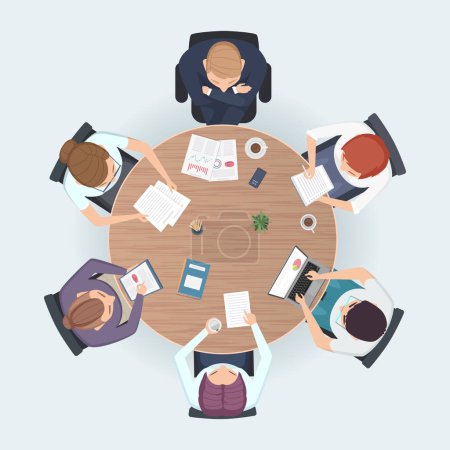Illustration for Round table top view. Business people sitting meeting corporate workspace brainstorming working team vector illustration. Table work for conference and discussion, brainstorming meeting - Royalty Free Image