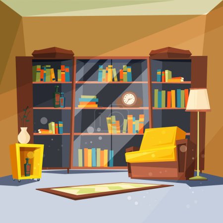 Illustration for Room with books. House apartment with home library shelves inside of living room for reading vector picture. Illustration of bookshelf and armchair, interior library - Royalty Free Image
