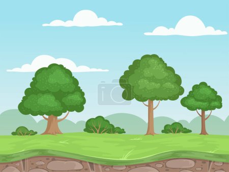 Illustration for Seamless game nature landscape. Parallax background for 2d game outdoor mountains trees and clouds vector illustrations. Seamless level horizontal ui, neverending game parallax - Royalty Free Image