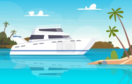Illustration for Ship at sea. Fishing boats underwater sunset ocean yacht or vessel vector background. Illustration of ship and boat, yacht near island - Royalty Free Image