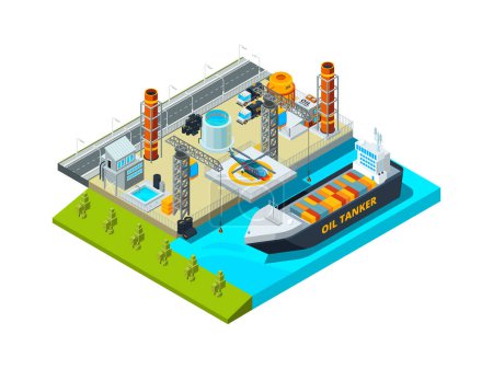 Illustration for Seaport isometric. Cargo ship oil tanks seaside industrial buildings vessel and fuel farms vector 3d illustration. Seaport ship, 3d cargo commercial transportation - Royalty Free Image
