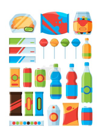 Illustration for Snack fast food. Soda drinks chips nuts chocolate bars vendor machine products vector pictures. Illustration of product retail, drink and snacking, packaging fast food, chocolate and cracker - Royalty Free Image