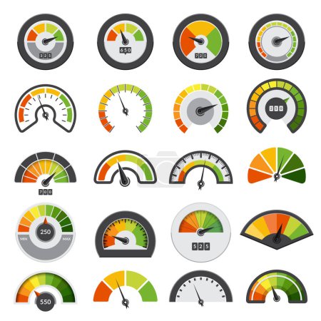 Speedometers collection. Symbols of speed score measuring tachometer level indices vector collection. Illustration of speedometer indicator, speed meter measurement