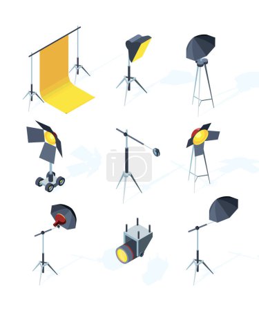 Illustration for Studio equipment isometric. Photo or tv production tools spotlights softbox directional light umbrella tripod vector pictures. Illustration of screen projector, softbox and lightning for studio - Royalty Free Image