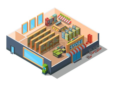 Illustration for Supermarket interior. Cross section of retail market building mall with equipment and grocery sections 3d low poly isometric vector. Illustration interior supermarket, store and market - Royalty Free Image