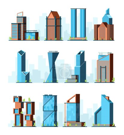 Rascacielos urbanos. Edificios de oficinas corporativos modernos empresa centro vector ciudad construcciones. Ilustración de rascacielos urbanos, construcción de edificios de arquitectura
